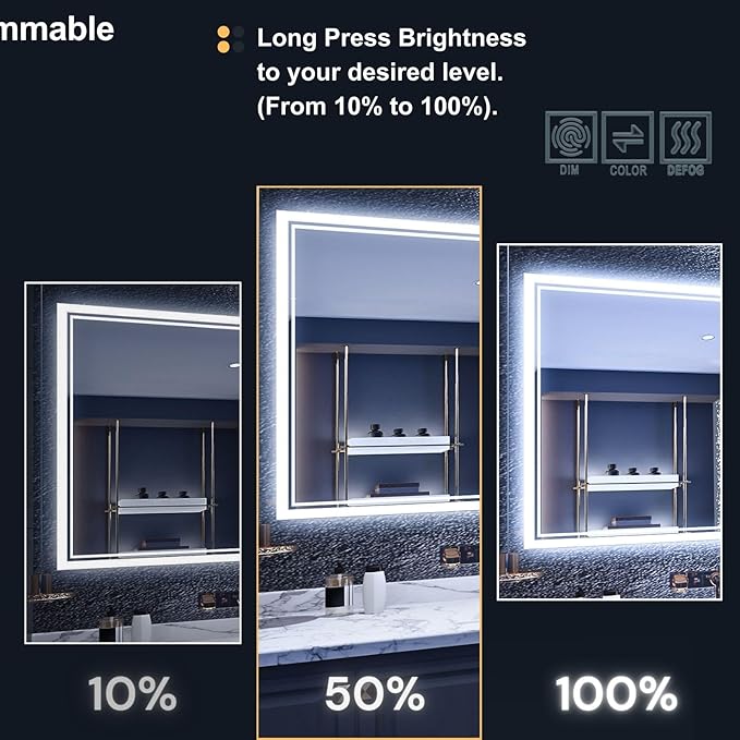 LED Bathroom Mirror 55"x 30", Backlit Bathroom Mirror with Lights,Stepless Dimmable,Anti-Fog, Shatter-Proof, Memory, 3 Colors Lighted Vanity Mirror (Horizontal/Vertical)