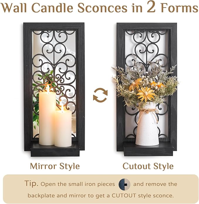 Gothic Candle Sconces Mirror Wall Decor - Black Halloween Art Mirrored Wall Candle Holder Decorative Set of Two Wood Vintage Small Hanging Shelves for Farmhouse Living Room Kitchen Bedroom