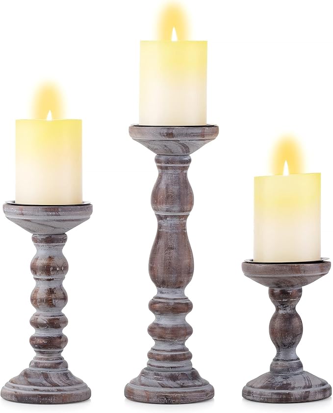 Wood Pillar Candle Holder: 3Pcs Rustic Candle Holders for Pillar Candles Wood Candle Holders Distressed Wooden Farmhouse Large Candle Holder for Fireplace Table (Brown, 6", 8", 12")