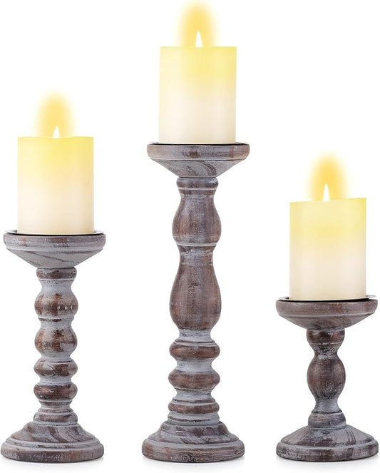 Wood Pillar Candle Holder: 3Pcs Rustic Candle Holders for Pillar Candles Wood Candle Holders Distressed Wooden Farmhouse Large Candle Holder for Fireplace Table (Brown, 6", 8", 12")