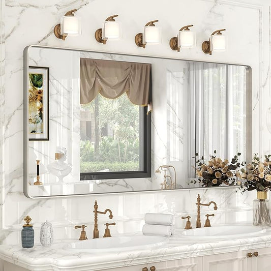60x28 Inch Brushed Nickel Bathroom Mirror, Large Brushed Silver Metal Framed Wall Mirror, Rounded Corner Rectangle Modern Vanity Mirror, Tempered Glass, Anti-Rust, Shatterproof (Horizontal/Vertical)