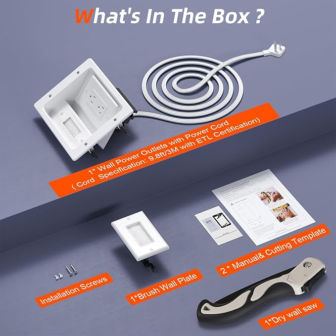 in Wall Cable Management Kit,TV Cable Hider Wall Kit with Brush Wall Plate and 9.8FT Cord,2 AC Outlets,Recessed Outlet Box for Wall Mount TV Home Theater Setups Cords Organizer