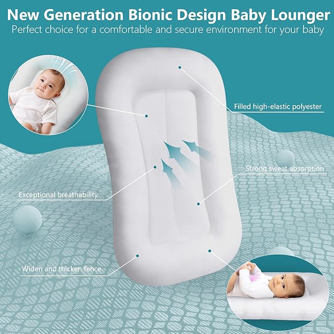 Baby Lounger Pillow Soft Organic Cotton Breathable Infant Lounger for Home and Travel (Blue)