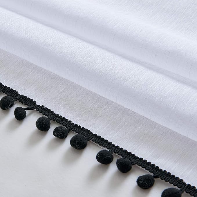 Treatmentex Sheer White Curtains with Black Pom Pom Curtains 84" Long Linen Textured Look Decorative Window Drapes Navy 52" w 1Pair