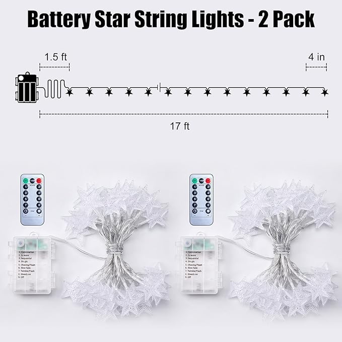 Brightown Star String Lights - 2 Pack Total 33ft 100 LED Star Fairy Lights Battery Operated with Remote for Indoor Outdoor, Twinkle Fairy Christmas Light for Bedroom Wedding Party Decor, Warm White