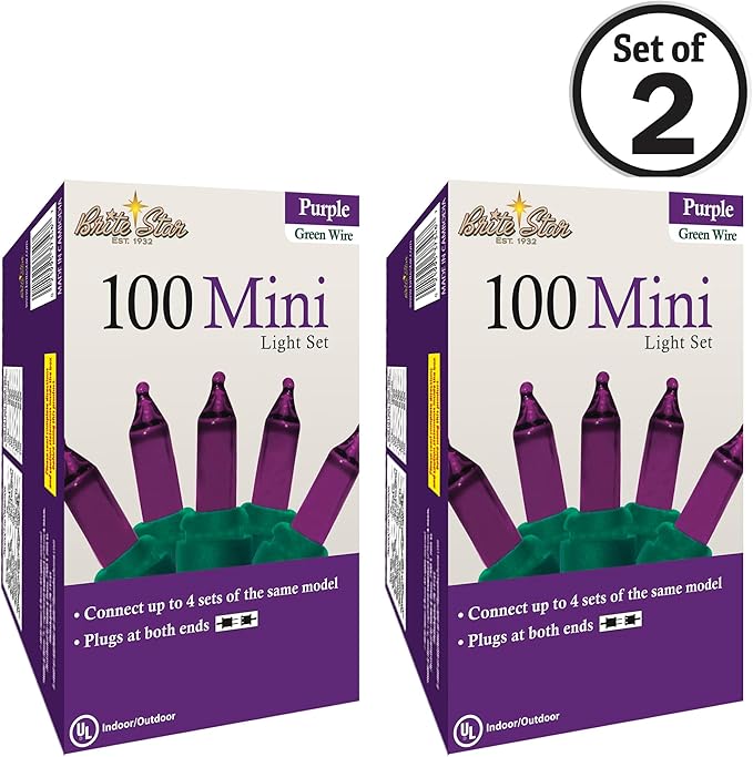 Brite Star 100 Count Mini String Christmas Lights, Purple - 22 feet Indoor/Outdoor Christmas Tree Lights with Green Wire (Set of 2)
