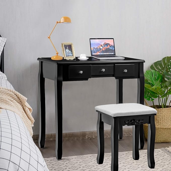 Giantex Vanity Set with Oval Mirror & Cushioned Stool, Makeup Dressing Table Large Storage with 5 Drawers, Mirrored Bedroom Vanities Makeup Table for Kids Girls Women, Easy Assembly (Black)