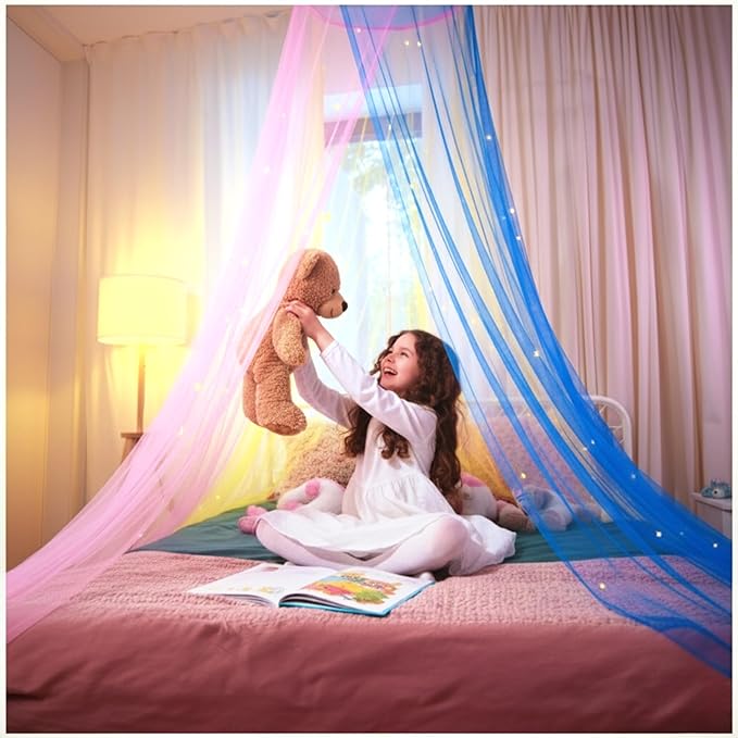 Bollepo Bed Canopy for Girls with Glowing Stars - Canopy Bed Curtains | Fits Single, Twin, Full, Queen Size Kids - Princess Bed Canopy | Rainbow Bedroom Accessories, Netting Room Decor, Ceiling Tent