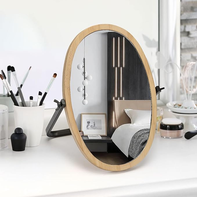 Vanity Makeup Table Mirror - Desk Mirrors 360 Adjustable Rotation,Wood Framed Small Standing Mirror for Bedroom,Tabletop,Office,Antique,Dresser,Countertop 11.8'' x 7.8''