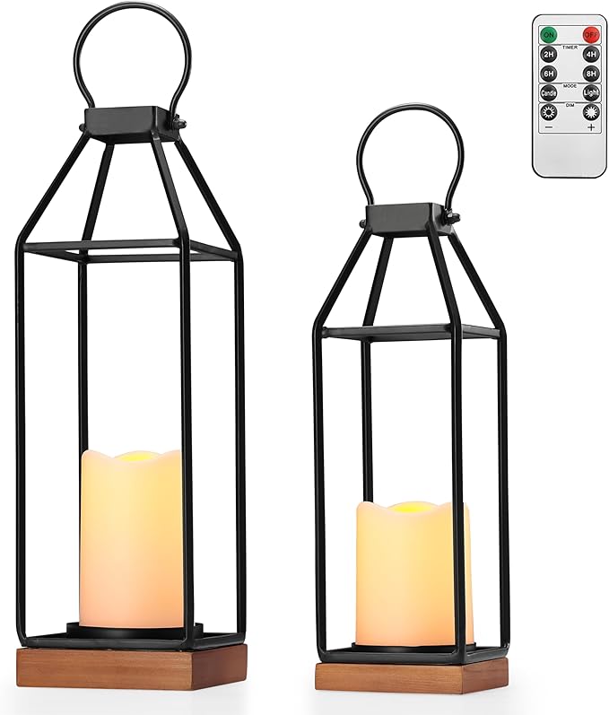 Perfnique Metal Lanterns w/ Pine Wood, Set of 2 Farmhouse Lantern Decorative w/ Waterproof Flameless Candle & Remote Timer, Modern Farmhouse Candle Holder for Outdoor, Porch, Fireplace(Wood Base)