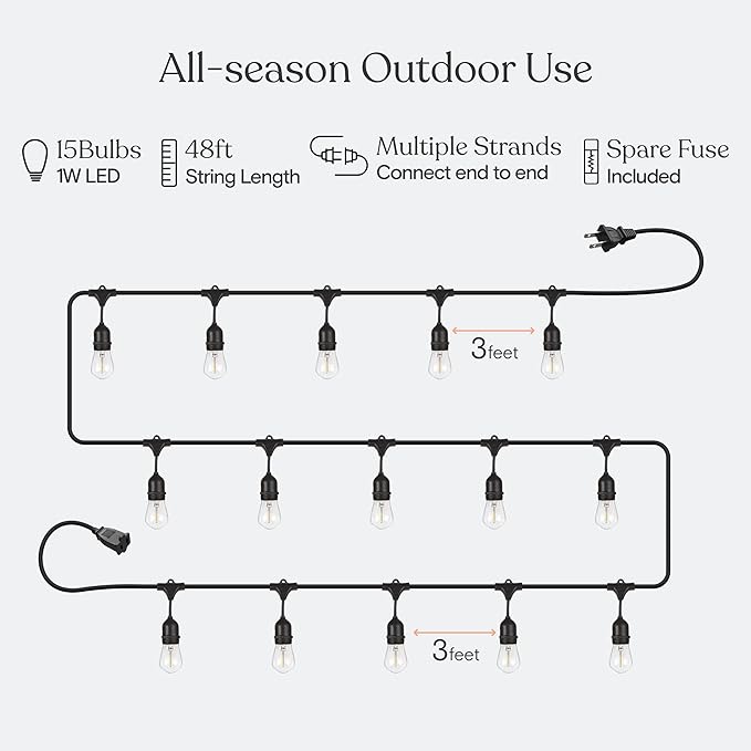 Brightech Ambience Pro LED String Lights - 48 Ft Commercial Grade Patio Lights Outdoor Waterproof - Heavy Duty Porch String Lights for Backyard, Christmas - Dimmable Vintage Edison 1W 15 Bulbs,