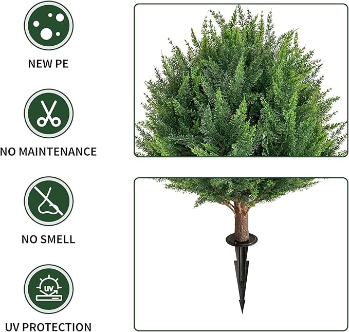 23”Artificial Cedar Topiary Ball Tree Set of 2 with Ground Spikes, UV Resistant Artificial Bushes Fake Plants for Home Front Door Offices