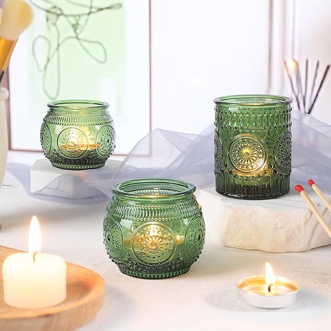 36 Pcs Green Glass Votive Candle Holders Bulk - Assorted Tea Light Holders for Christmas, Tea Party, Fall Wedding, Bridal Shower Table Centerpieces