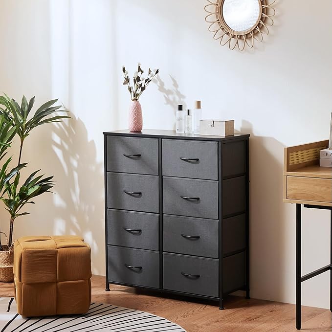 DUMOS 8 Drawer Dresser for Bedroom, Fabric Storage Organizer with Sturdy Metal Frame, Wooden Top Chest of Drawers for Closet Nursery Entryway Guest Room, Grey
