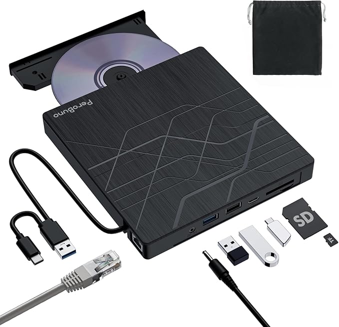 Super External CD DVD Drive, USB 3.0 DVD Burner with Ethernet Adapter, 3 USB and 2 TF/SD Card Ports, CD DVD Player Reader Writer Optical Disk Drive for Laptop MacBook PC Windows 11/10/8/7 Linux Mac OS
