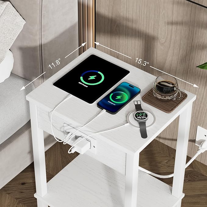VIMBER Set of 2 End Table with Charging Station, Narrow Side Table with USB Ports and Outlets, Nightstands with 2-Tier Storage Shelves, Sofa Table for Small Space Living Room Bedroom, White UTBT102W2