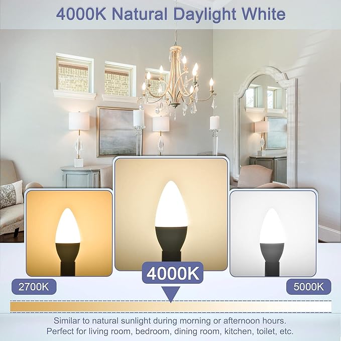 Sailstar Candelabra Light Bulbs 60 Watt Equivalent, 4000K Natural Daylight, 5W E12 Small Base Type B LED Bulbs, 500 Lumens, Chandelier Ceiling Fan Light Bulbs, CRI 85, Non-dimmable, Pack of 3