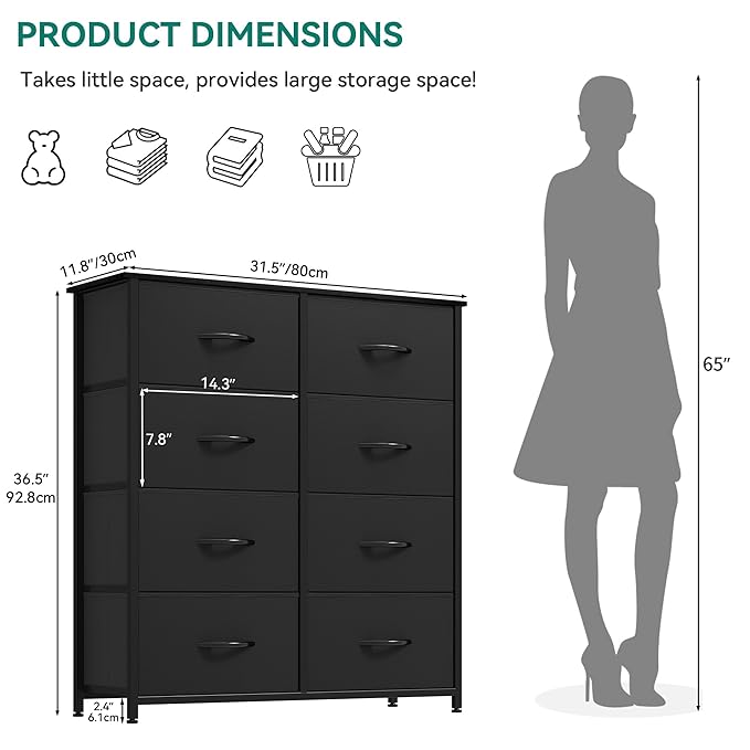 YITAHOME Fabric Dresser with 8 Drawers, Tall Dresser with Fabric Bins, Storage Tower Unit, Chest of Drawers for Living Room, Hallway