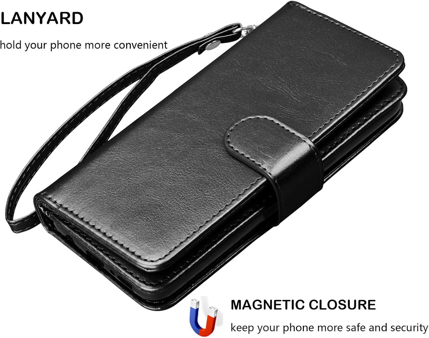 Njjex Wallet Case for Galaxy S21 5G - Black, 9 Card Slots, PU Leather, Detachable Kickstand, Magnetic Cover & Lanyard