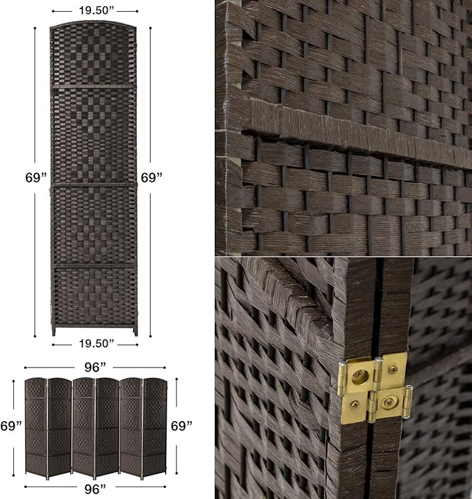 Sorbus 6 Panel Room Divider 6 ft. Tall - Privacy Screen, Extra Wide Double Hinged Panels, Diamond Double-Weaved, Partition Room Dividers and Folding Privacy Screens, Wall Divider for Room Separation