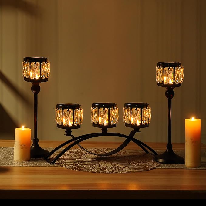 Black Set of 3 Crystal Candle Holders Arched - Elegant Tabletop Candelabra Centerpiece for Weddings, Dining Room Decor, Modern Home & Cabinet Display Housewarming