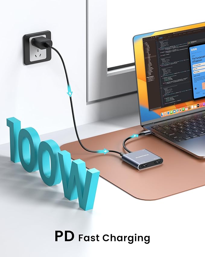 USB C to Dual HDMI Adapter, 4K@60Hz Dual Monitor HDMI Splitter for Extended Display, 100W PD, USB-A Port, Windows Enables 3-Screen Multi-Display, macOS Supports Mirror Mode Only