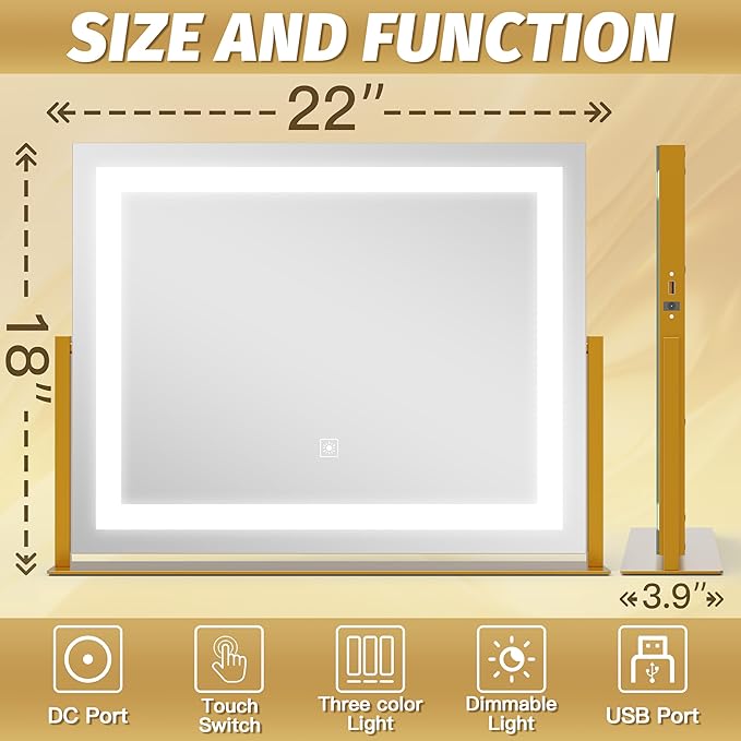 FENNIO Vanity Mirror with Lights 22''x18'' Makeup Mirror with Lights,Lighted Makeup Mirror with 10X Magnification and USB，Smart Touch Screen with 3-Color Lighting,Dimmable（Square Gold）