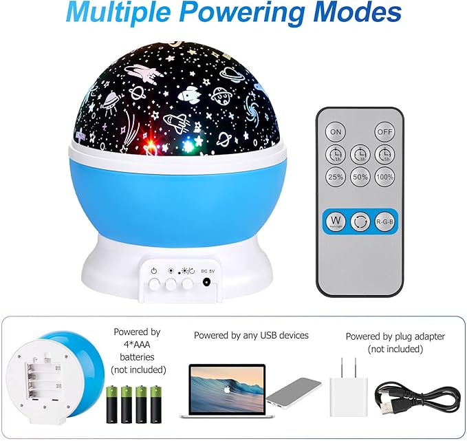 Christmas Baby Night Lights with Remote Control,Moon Projector 360 Degree Rotation - 4 LED Bulbs 8 Color Changing Light, Romantic Night Lighting Blue