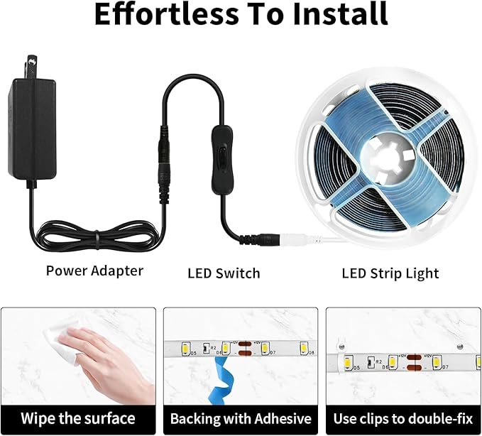iNextStation White LED Strip Light, 16.4ft 5M 2835 SMD 300 LEDs 12V Flexible Cuttable LED Tape Light for Bedroom Kitchen Cabinet Wardrobe TV (Power Adapter Included)