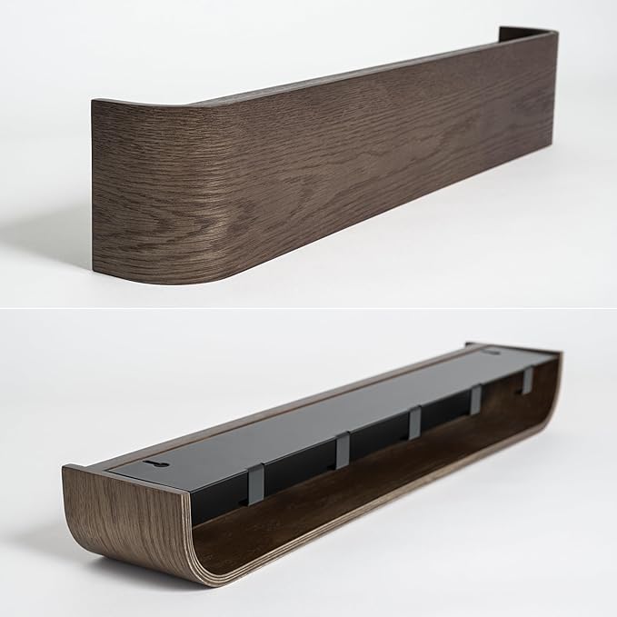 Kazai. Wall-Mounted Coat Rack 'Toke' - Modern Design Coat Rack with Hidden Wall Hooks - Solid Wood Veneer Panel Coat Hanger - Oak, Dark