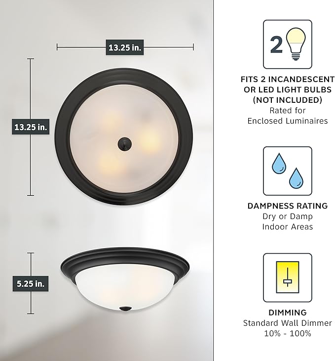 DESIGNERS FOUNTAIN Reedley 2-Lights Flush Mount Ceiling Light, 13 Inch Lighting Fixture for Kitchen, Bedroom, Bathroom, and Hallway, Matte Black with Etched Glass, 1257M-MB-W