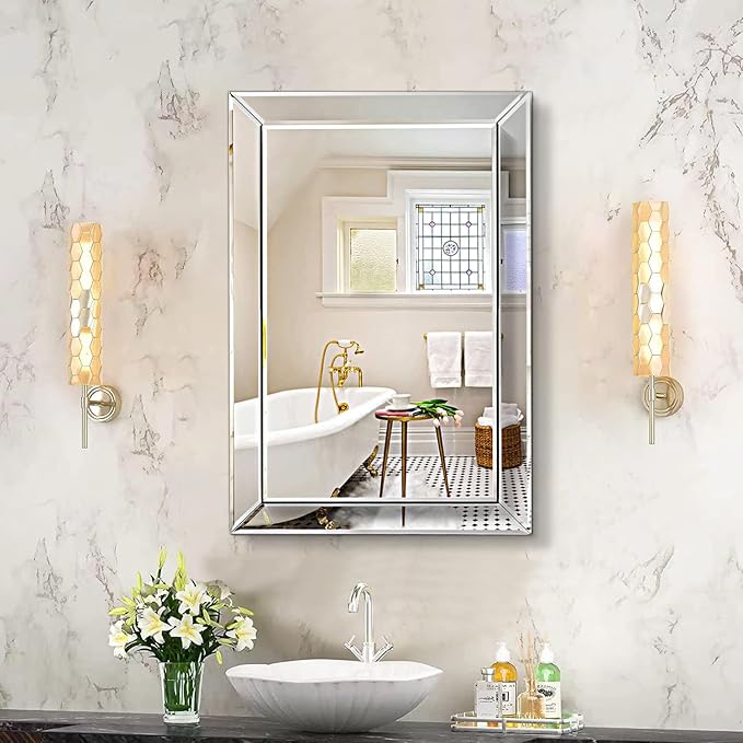 Pregaspor Mirror on Mirror Wall Mirror for Bathroom, 16" x 24" Rectangular Frameless Bathroom Vanity Mirrors for Wall, Polished Beveled Edge Mirrors for Washroom