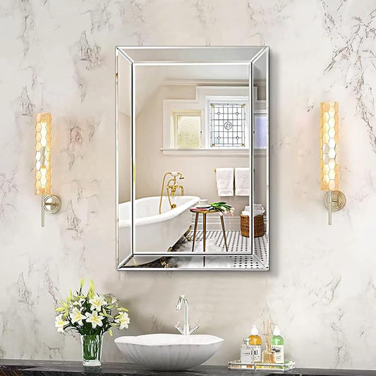 Pregaspor Mirror on Mirror Wall Mirror for Bathroom, 16" x 24" Rectangular Frameless Bathroom Vanity Mirrors for Wall, Polished Beveled Edge Mirrors for Washroom