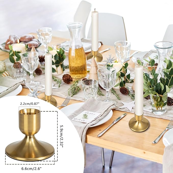 16Pcs Gold Candle Holders Metal Taper Candlesticks Holders Short Skinny Brass Candlestick Holders Candlestick Holders Bulk for Wedding Thanksgiving Centerpieces Christmas Birthday Party Holiday (16)
