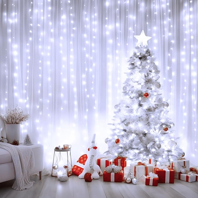 Minetom Curtain Lights, 300 LED Dimmable Fairy Lights with Remote and Timer, 8 Modes, USB Powered String Lights for Room Wall Party Xmas Indoor Decor, Winter Wonderland Christmas Decorations