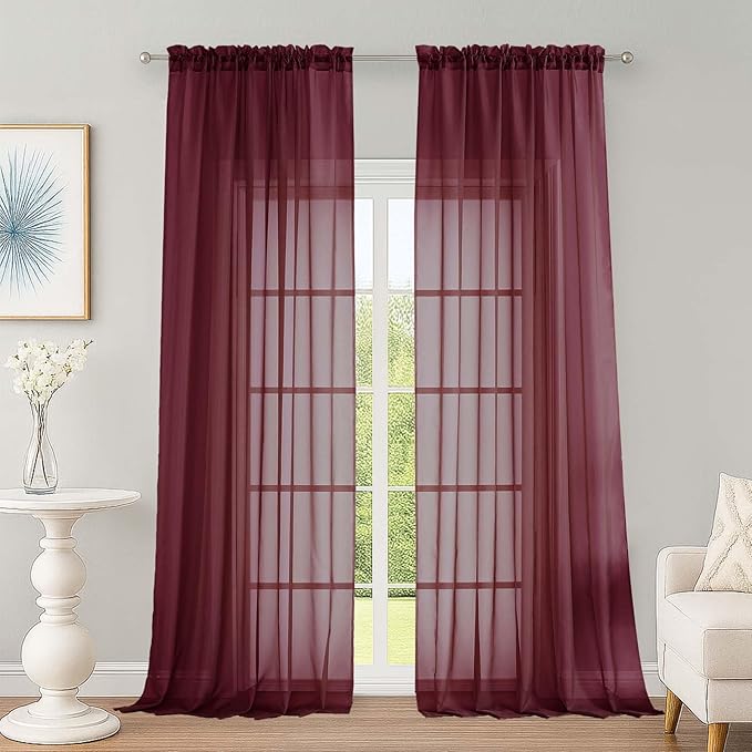 OWENIE Burgundy Vine Sheer Curtains, Sheer Curtains 96 inches Long 2 Panels Set, Rod Pocket Fimly Sheer Drapes for Living Room/Bedroom, 2pcs, Each 59" W x 96" L