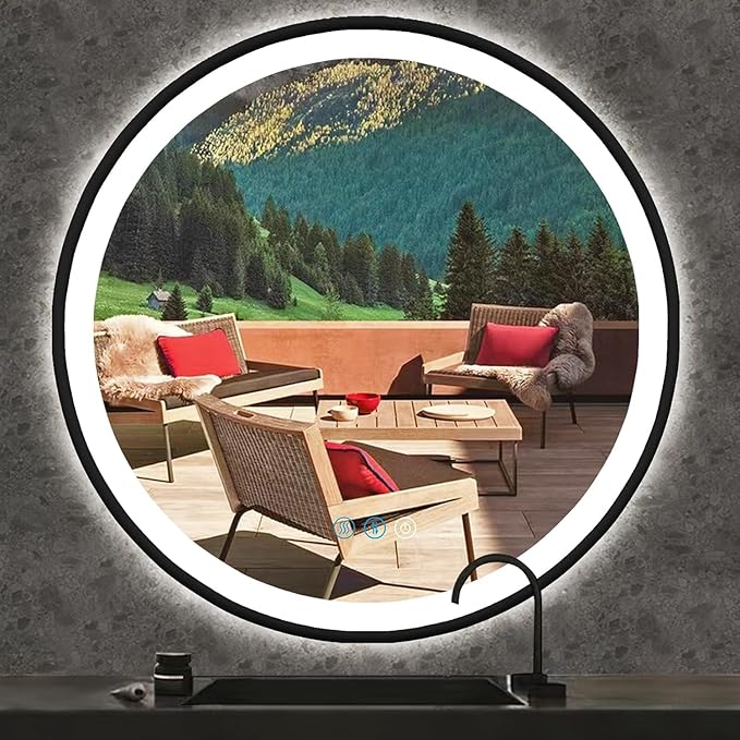 30 Inch Black Framed Round LED Mirror for Bathroom Wall Mounted 30" Black Round Lighted Vanity Mirror with Lights Black Frame Antifog Smart Momery Dimmable 3 Color Frontlights
