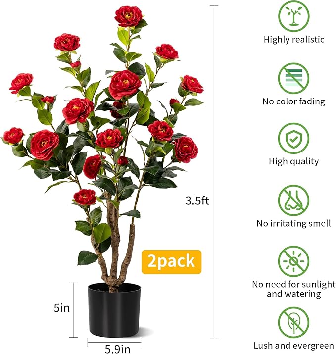 Artificial Camellia Tree 2 Pack, Artificial Plants Outdoor Faux Floral Plant in Cement Pot Fake Red Silk Camellia Tree Plants for Home House Living Room Office Decor (Red (2 Pack))