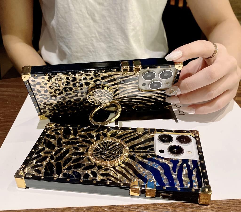 Samsung Galaxy A52 Trunk Case, Cute Leopard Pattern Gold Glitter Bling Soft Cover with Finger Ring Grip Kickstand