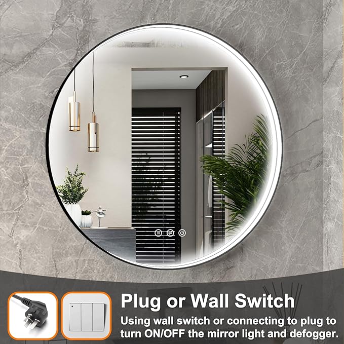 28 Inch LED Round Mirror for Bathroom, Black Metal Framed LED Bathroom Mirror with Lights, 3 Colors and Stepless Dimmable Wall Mounted Lighted Bathroom Vanity Mirror, Anti-Fog, Memory