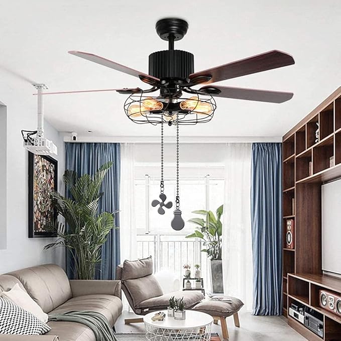 Ceiling Fan Pull Chain Set - 4 Piece Bulb and Fan Pattern Extension Pendant, 12 Inch Extender With Ball Connector (Gun Metal)
