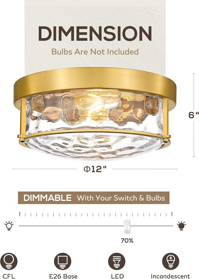 FEMILA 12" Brushed Gold Flush Mount Ceiling Light, Light Fixtures Ceiling Mount with Water Ripple Glass, for Kitchen, Bedroom, Living Room, 4FTJ22WG-F BG