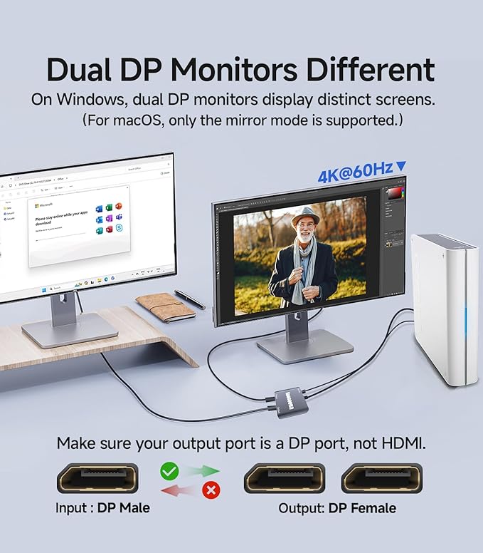 DisplayPort to Dual DisplayPort Splitter 1 in 2 Out | 4K60Hz, DP Source to DP Splitter Extended Display port splitter for Dual monitors, for Desktop,NVIDIA, AMD Graphics Card - MACOS Not Support MST