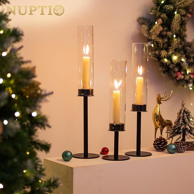 NUPTIO Hurricane Glass Candle Holders: 6 Pcs Black Metal Candlestick Tapered Holder with Clear Chimney Covers Bottomless Tall Modern Taper Candles Stick Cylinder Stand for Halloween Fireplace Decor
