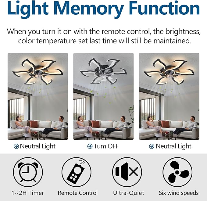 32" Black Modern Ceiling Fan with Lights Remote Control, 6 Speeds 3 Light Color Low Profile Flush Mount Ceiling Fan with Light for Kitchen Bedroom