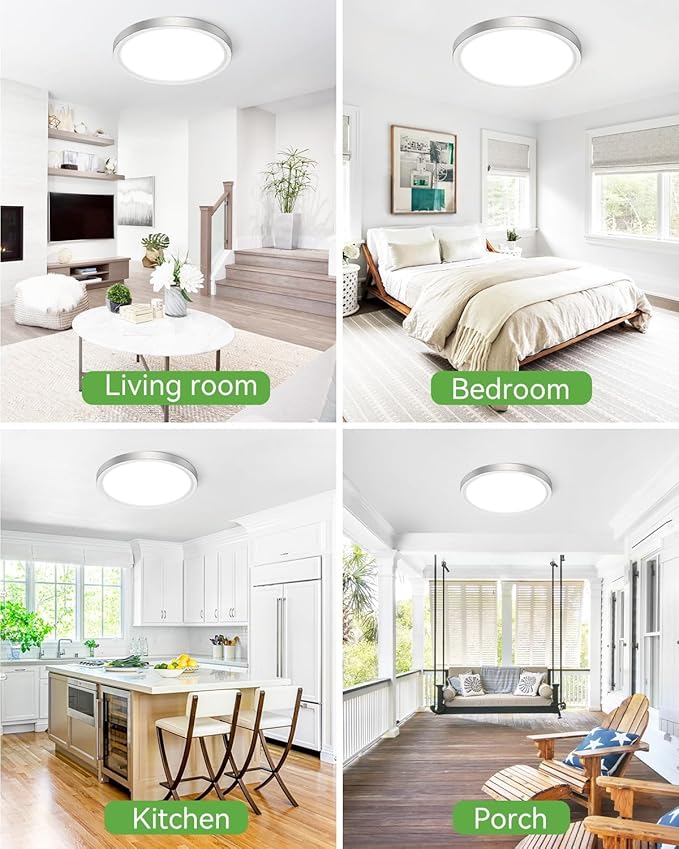 zemty Silver Flush Mount Ceiling Light - Super Thin 12In 28W 3200lm Brushed Nickel LED Ceiling Light with 3 Color Temperature 3000K/4500K/6000K - Low Profile Light Fixture for Kitchen Bathroom,2Pack