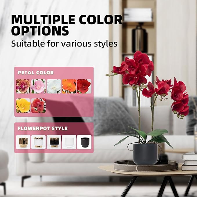 CXGS Orchids Artificial Flowers Real Touch Fake Flowers in Ceramic Pot 20" Red Faux Orchid Plant Lifelike Silk Phalaenopsis for Centerpiece Hotel Home Indoor Decor