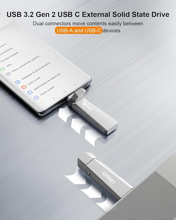 512G External Portable SSD USB Solid State Drive, Up to 1000MB/s USB 3.2 Gen 2 Solid State, Type C + A Dual Drive for Phone/Android Laptops/Windows/Mac, Silver