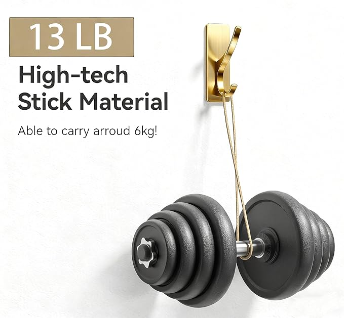 pickpiff Self Adhesive Coat Hooks for Hanging, Heavy Duty Stainless Double Wall Hook for Towel, Backpack, Hat, Sturdy Metal Hanger for Bathroom, Bedroom, Door, Wall Mounted, 4-Pack, Brushed Gold