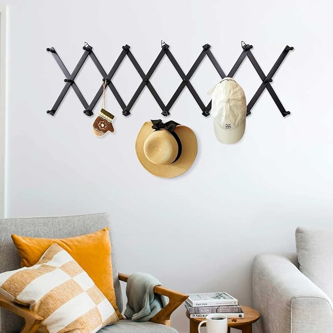 Wall Rack with 20 Hooks, Wooden Wall Expandable Coat Rack for Coat, Hats, Baseball Caps, Coffee Mug, Jewelry(Black)
